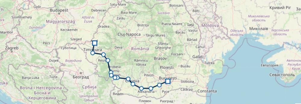 Steckenverlauf der Nachtzüge der Astra Trans Carpatic zwischen Bukarest und Arad