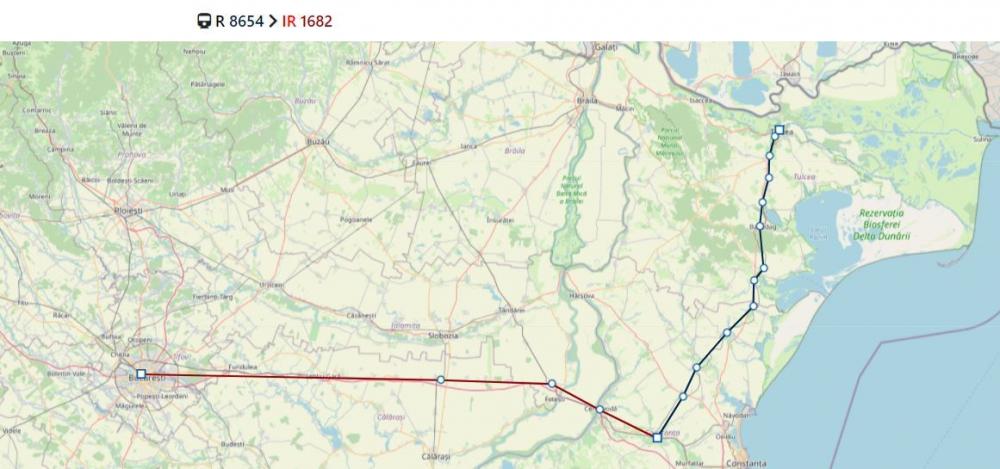 Streckenverlauf der Züge  R 8654 + IR 1682 von Tulcea nach Bukarest