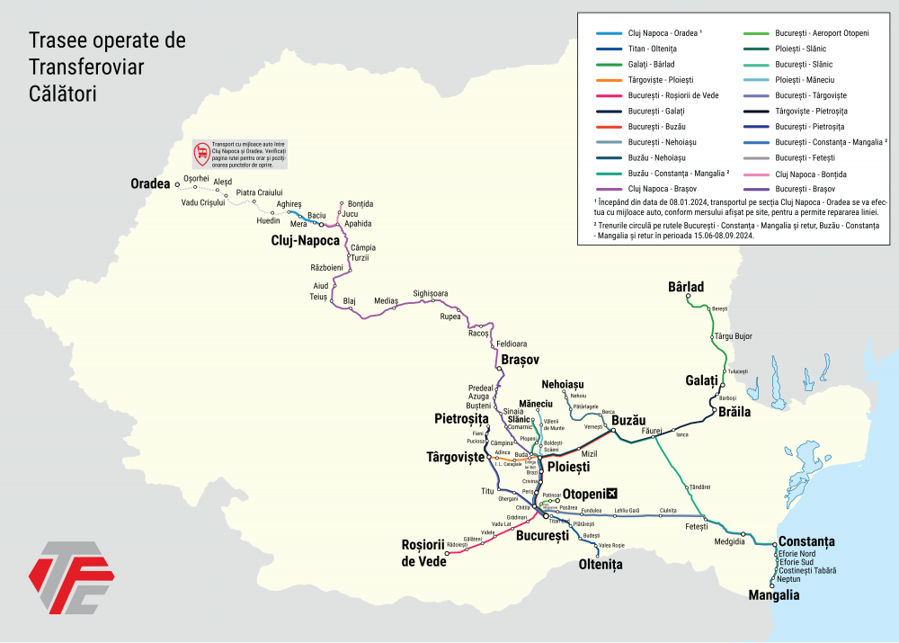 Streckennetz des Eisenbahnverkehrsunternehmens TFC (Transferoviar Călători)
